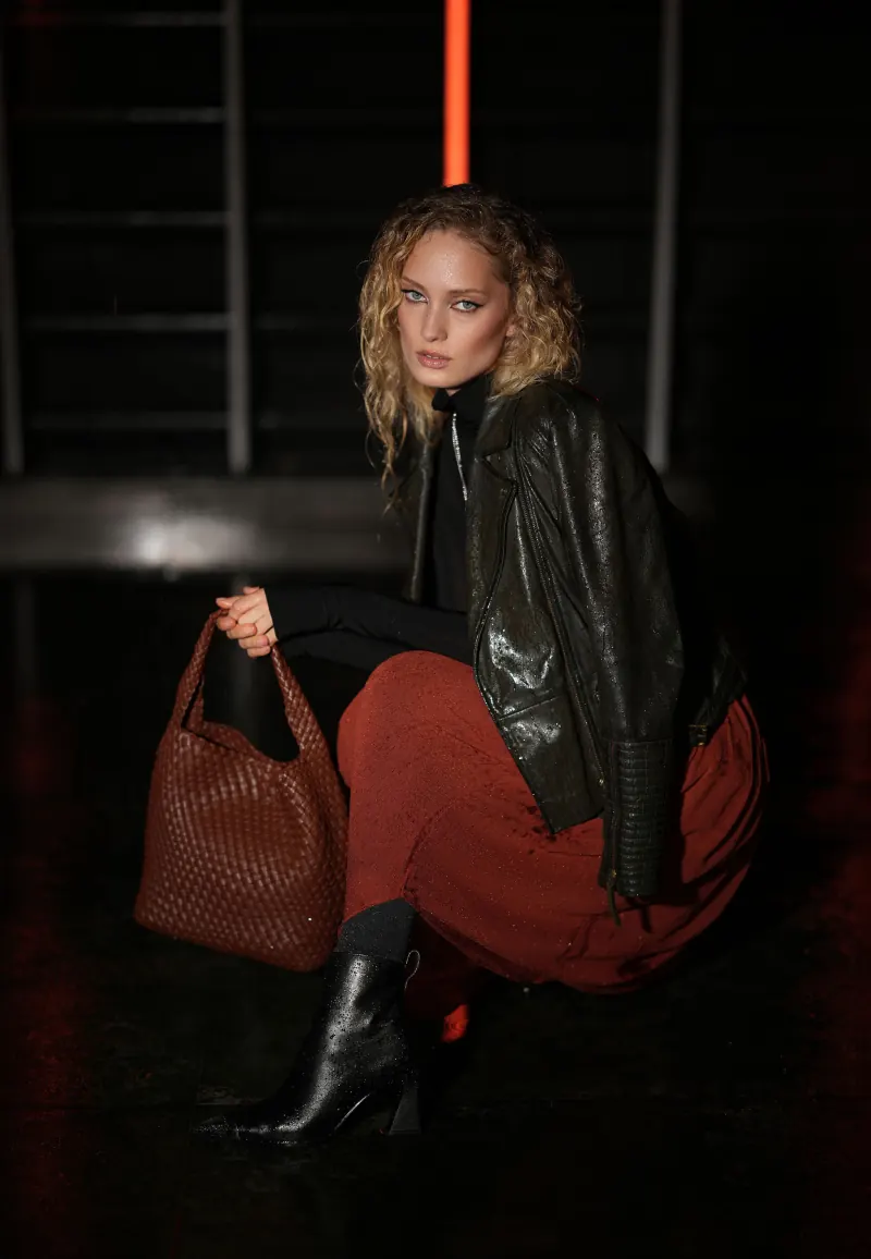 FOXXY ankle boots with a leather jacket and burgundy trousers