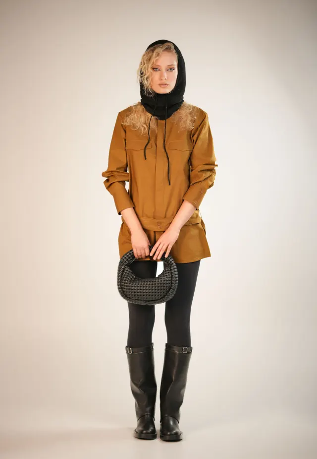FOXXY knee-high boots styled with an ochre shirt and black leggings